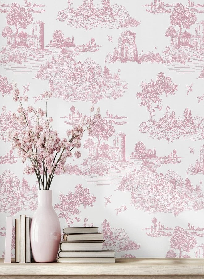 WENMER Pink Toile Peel & Stick Wallpaper for Bedroom, Self-Adhesive White and Pink Vintage French Country Wallpaper for Girls Room, Toile Contact Paper for Cabinet 17.7" X 118" - Image 4
